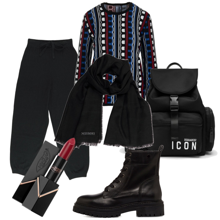 Outfit donna - Comfort & stile. Stile Urban per Scuola/Università. Abbinamento con rossetti, anfibi, pantaloni, zaini, sciarpe, maglieria.