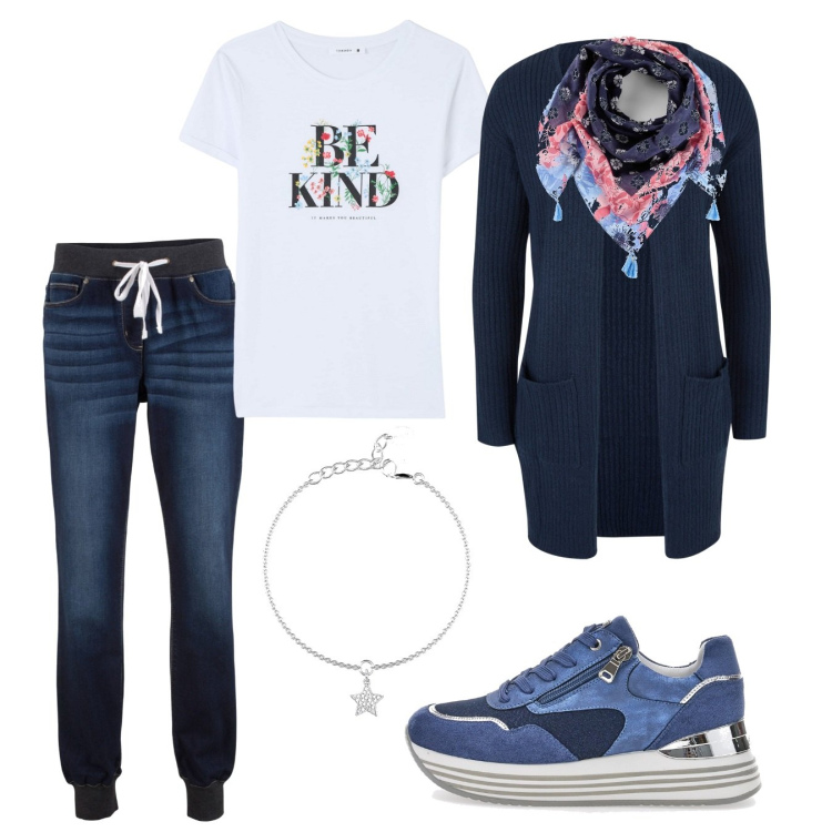 Outfit donna - Sabato relax. Stile Casual per Tutti i giorni. Abbinamento con jeans boyfriend, cardigans, foulard, t-shirt, braccialetti con ciondoli, sneakers.