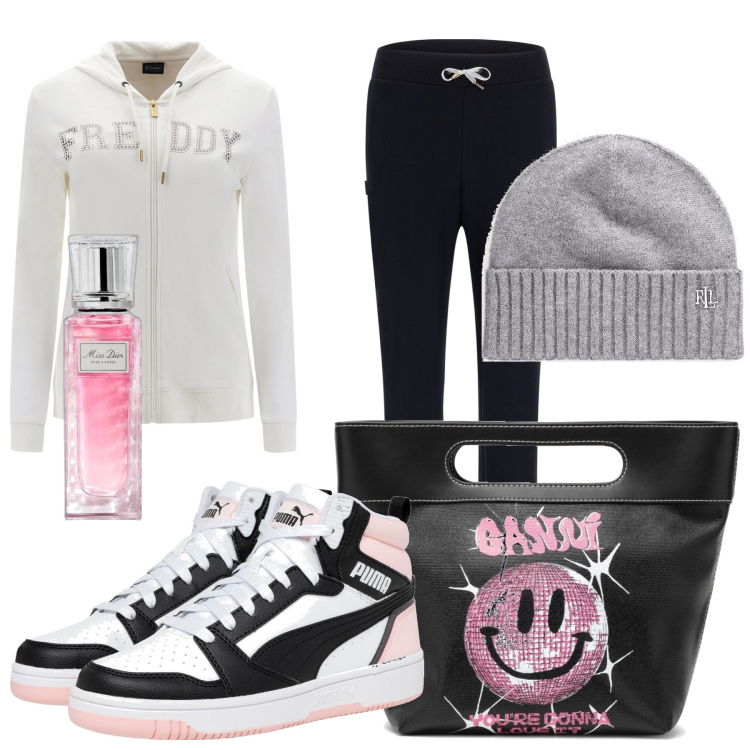 Outfit donna - In palestra. Hop hop!. Stile Sporty chic per Sport. Abbinamento con profumi, tute, sneakers alte, berretti, borse tote.