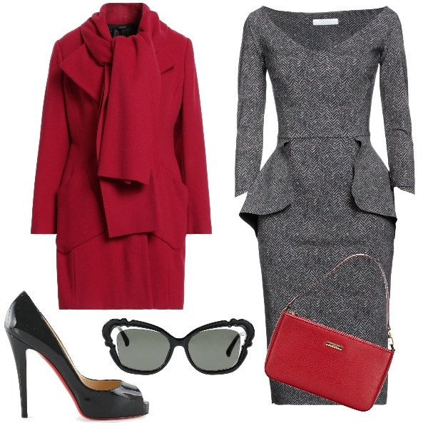 Outfit donna - Little grey dress. Stile Chic per Serata fuori. Abbinamento con cappotti, borse a mano, vestiti midi/longuette, décolleté, occhiali da sole.