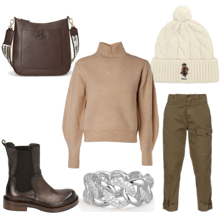 Outfit donna - Total look #1765064. Stile Casual per Tutti i giorni. Abbinamento con anelli, pantaloni cargo, stivaletti chelsea, borse a tracolla, maglieria, cappelli.