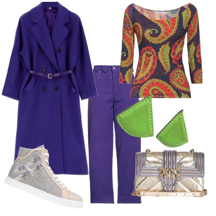 Outfit donna - Total look #1765094. Stile Casual per Tutti i giorni. Abbinamento con pantaloni, t-shirt, orecchini, sneakers, borse a tracolla, cappotti.