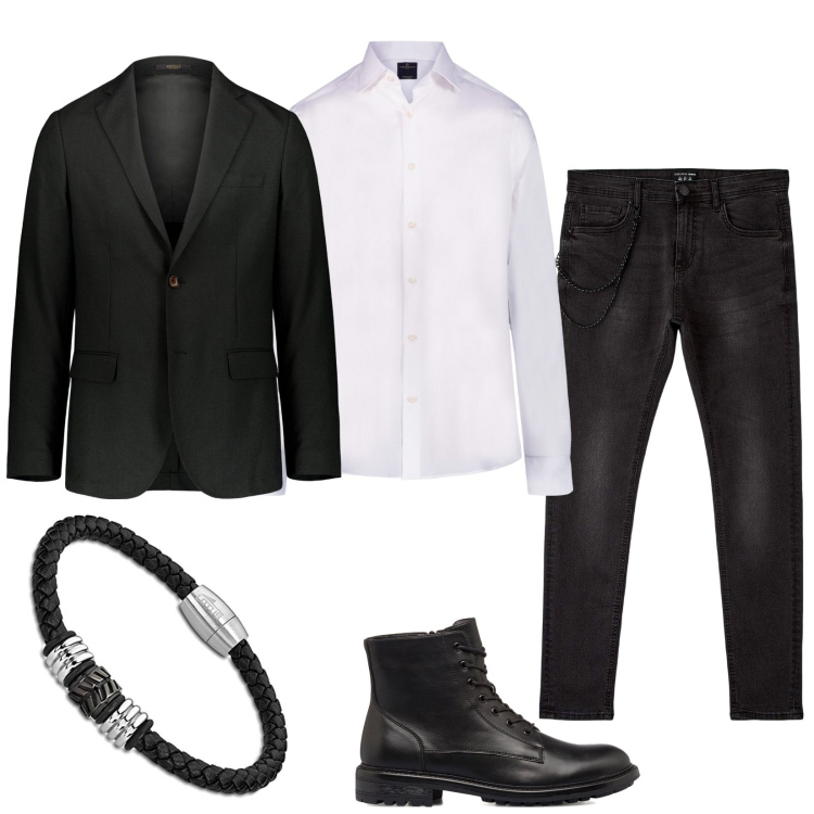 Outfit uomo - Intrigante. Stile Business/Elegante per Serata speciale. Abbinamento con jeans skinny, anfibi, giacche, camicie, braccialetti.