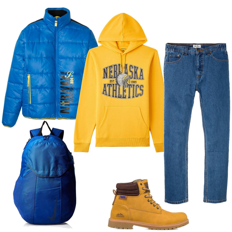 Outfit uomo - A scuola. Stile Casual per Tutti i giorni. Abbinamento con jeans dritti, giacche, felpe con cappuccio, stivali e stivaletti, borse sportive.