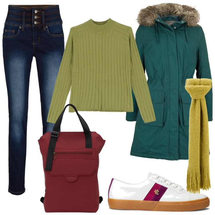 Outfit donna - Università in inverno. Stile Casual per Scuola/Università. Abbinamento con jeans, parka, pullovers, sneakers, sciarpe, zaini.