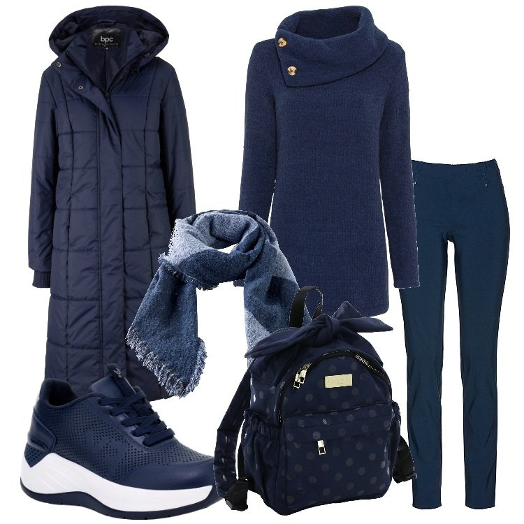 Outfit donna - Solo blu. Stile Casual per Tutti i giorni. Abbinamento con maglieria, blazer, pantaloni, sciarpe, scarpe sportive, zaini.