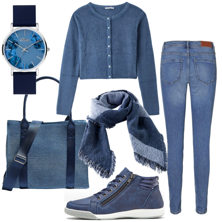 Outfit donna - Casual in blu. Stile Casual per Tutti i giorni. Abbinamento con sneakers alte, sciarpe, cardigans, shopping bag, jeans skinny, orologi.