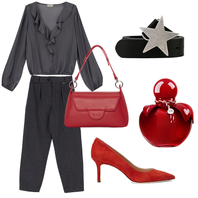 Outfit donna - Serata stellare. Stile Chic per Serata fuori. Abbinamento con profumi, pantaloni capri, cinture, camicie, décolleté, borse a spalla.