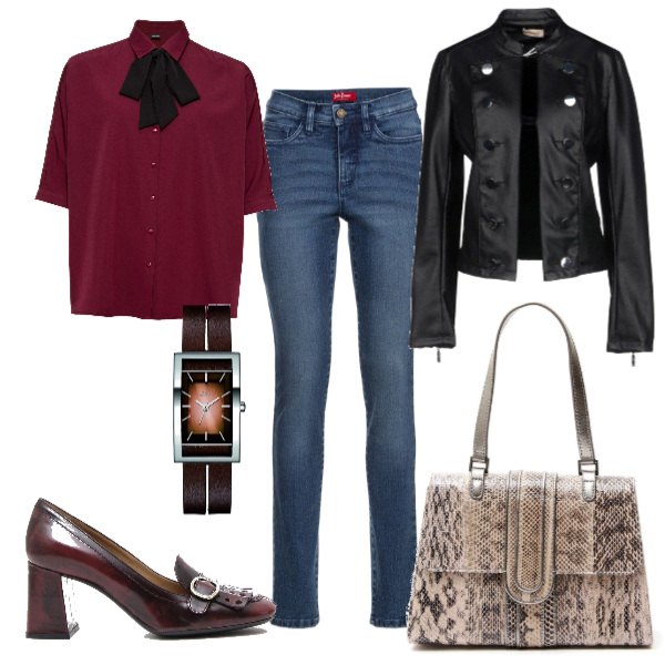 Outfit donna - Bon Ton #12118. Stile Bon Ton per Ufficio. Abbinamento con jeans slim fit, felpe con cappuccio, giacca contrasto collo coreana a maniche lunghe interno foderato in pelle sintetica tinta unita, mocassini con fibbia, borsa a tracolla con manico e zip interno foderato, orologio.