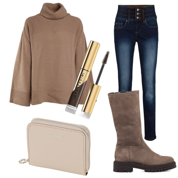 Outfit donna - Emme. Stile Casual chic per Tutti i giorni. Abbinamento con jeans slim fit, mascara, stivali sopra il ginocchio, maglieria, portafogli.