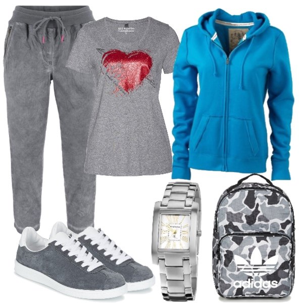 Outfit donna - Finalmente week end. Stile Basic per Sport. Abbinamento con pantaloni capri, t-shirt con stampa grigio, sneakers, zaino grigio, felpa con cappuccio, orologio argento.