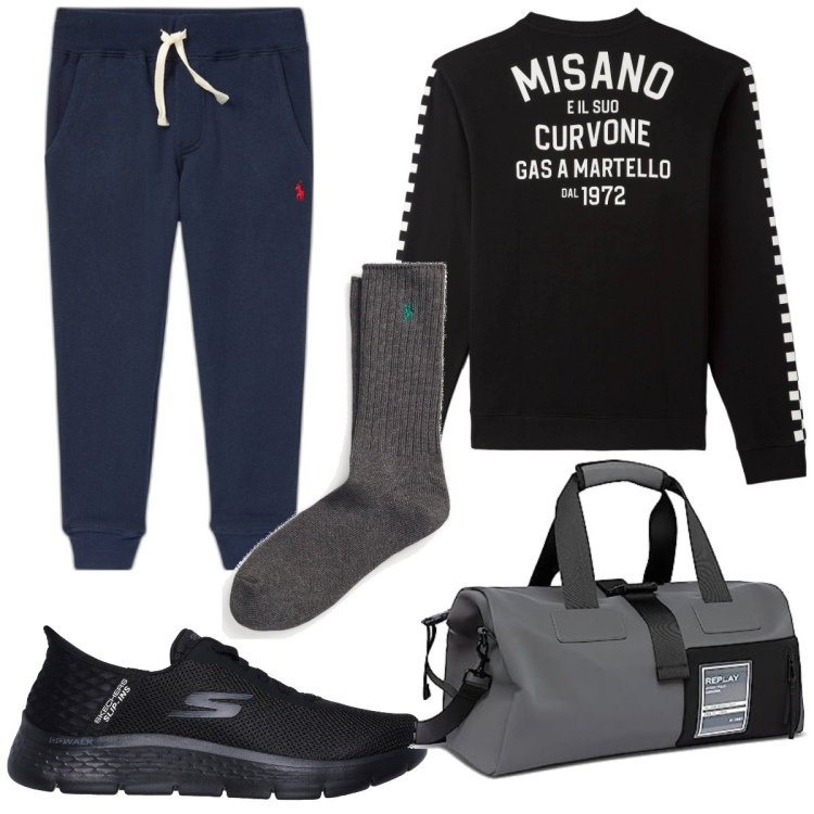 Outfit uomo - Total look #1765238. Stile Trendy per Sport. Abbinamento con felpe, calzini, sneakers, borse sportive, pantaloni.