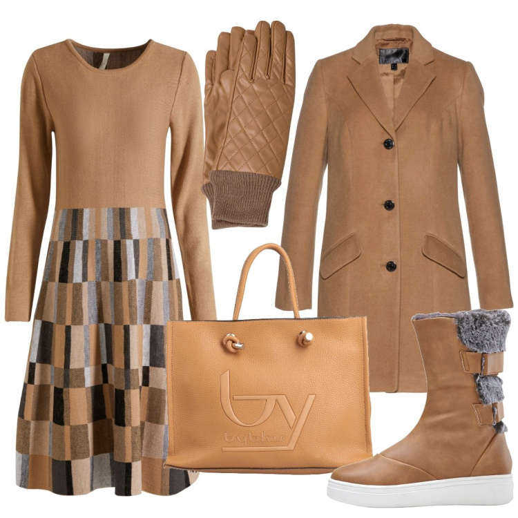 Outfit donna - Caffelatte. Stile Casual chic per Ufficio. Abbinamento con vestiti, stivali, cappotti, borse a mano, guanti.
