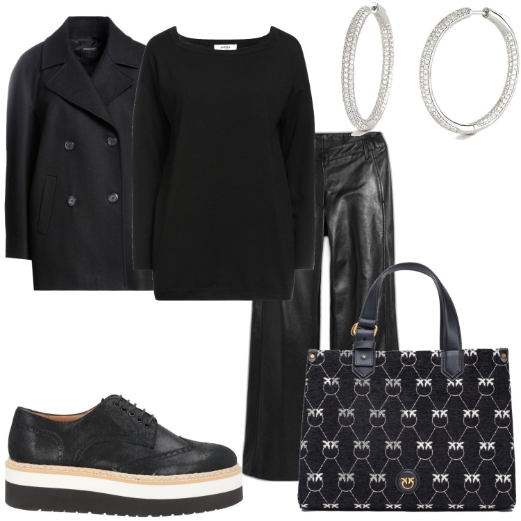 Outfit donna - Per un caffè nero bollente. Stile Glamour per Tutti i giorni. Abbinamento con pantaloni, caban, pullovers, scarpe stringate, orecchini, shopping bag.