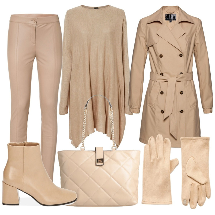 Outfit donna - Monocromo raffinato. Stile Minimal per Ufficio. Abbinamento con maglieria, pantaloni, trench, borse a spalla, guanti, stivaletti.