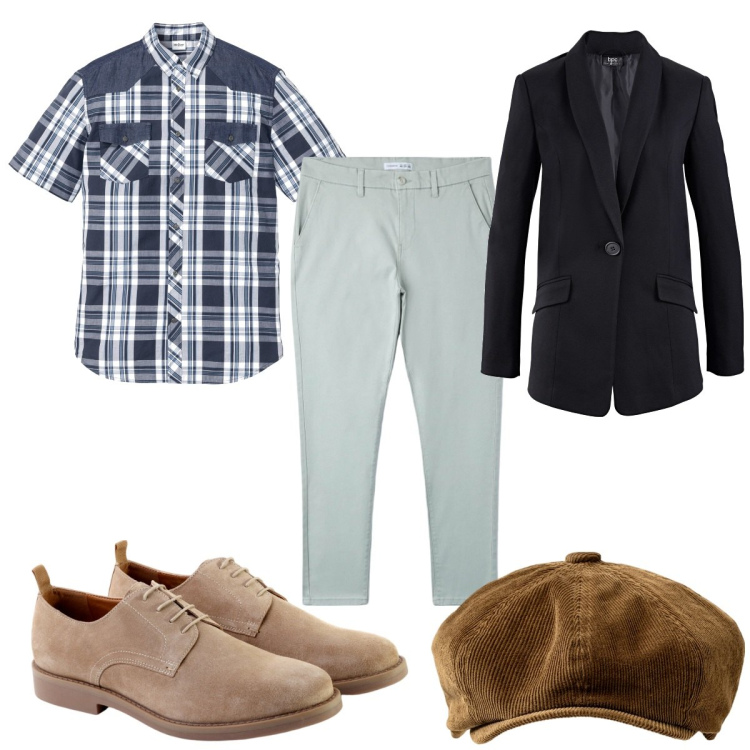 Outfit uomo - Total look #1765264. Stile Trendy per Tutti i giorni. Abbinamento con camicie a manica corta, giacche, pantaloni chino, cappelli, scarpe stringate.