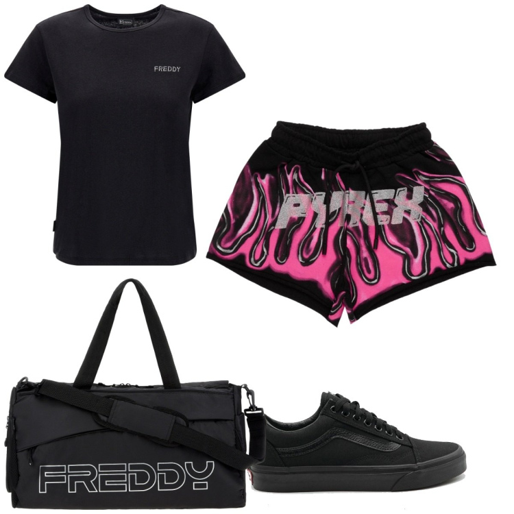 Outfit donna - Total look #1765287. Stile Trendy per Sport. Abbinamento con borse sportive, t-shirt, shorts, sneakers.