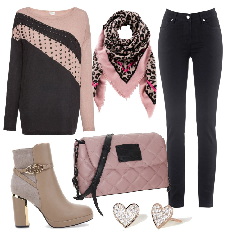 Outfit donna - Total look #1765297. Stile Romantica per Tutti i giorni. Abbinamento con maglieria, jeans slim fit, foulard, orecchini, stivaletti, borse a tracolla.