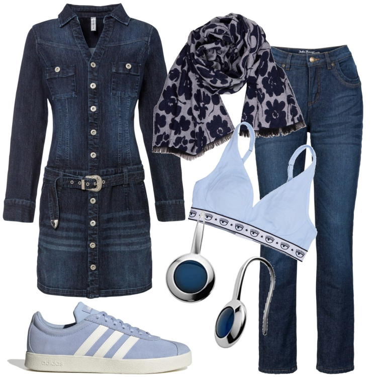 Outfit donna - Jeans. Stile Casual per Tutti i giorni. Abbinamento con vestiti, jeans dritti, sneakers, orecchini, sciarpe, bretelle.