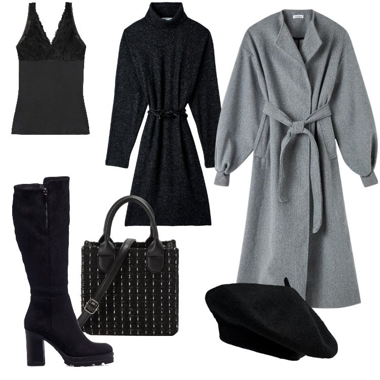 Outfit donna - Pre Black Friday - Novembre. Stile Basic per Ufficio. Abbinamento con top, cappotti, vestiti, shopping bag, stivali sopra il ginocchio, cappelli e berretti.