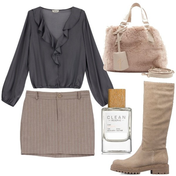 Outfit donna - Grigio e beige. Stile Chic per Serata fuori. Abbinamento con profumi, minigonne, camicie, stivali sopra il ginocchio, borse a mano.