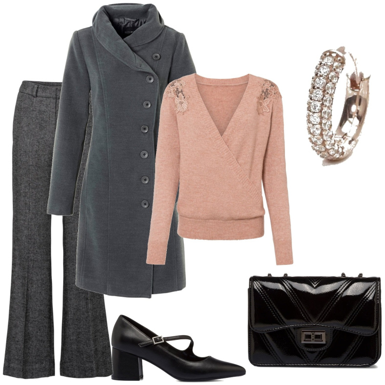 Outfit donna - La maglia elegante. Stile Chic per Tutti i giorni. Abbinamento con pantaloni a palazzo, cappotti, maglieria, orecchini, décolleté, borse a tracolla.