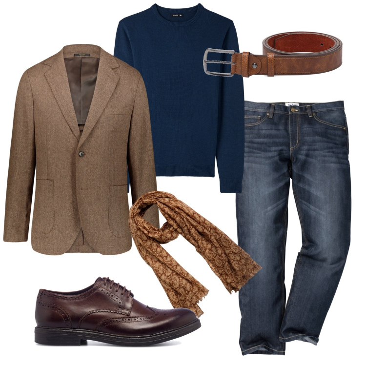Outfit uomo - Blu sotto la giacca. Stile Casual per Tutti i giorni. Abbinamento con jeans dritti, maglieria, cinture, scarpe stringate, giacche, sciarpe.