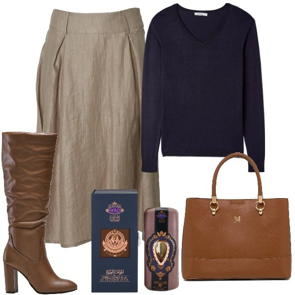 Outfit donna - Marrone e blue. Stile Vintage retrò per Ufficio. Abbinamento con stivali sopra il ginocchio, profumi, maglieria, borse a mano, gonne.