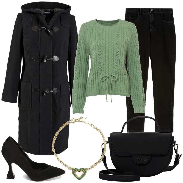 Outfit donna - Jeans, maglia e tacchi neri. Stile Trendy per Serata fuori. Abbinamento con montgomery, maglieria, braccialetti, décolleté, pantaloni, borse a spalla.