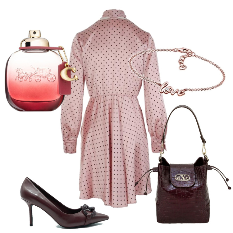 Outfit donna - Una cena romantica. Stile Romantica per Serata fuori. Abbinamento con profumi, borse a secchiello, braccialetto, décolleté, vestiti.
