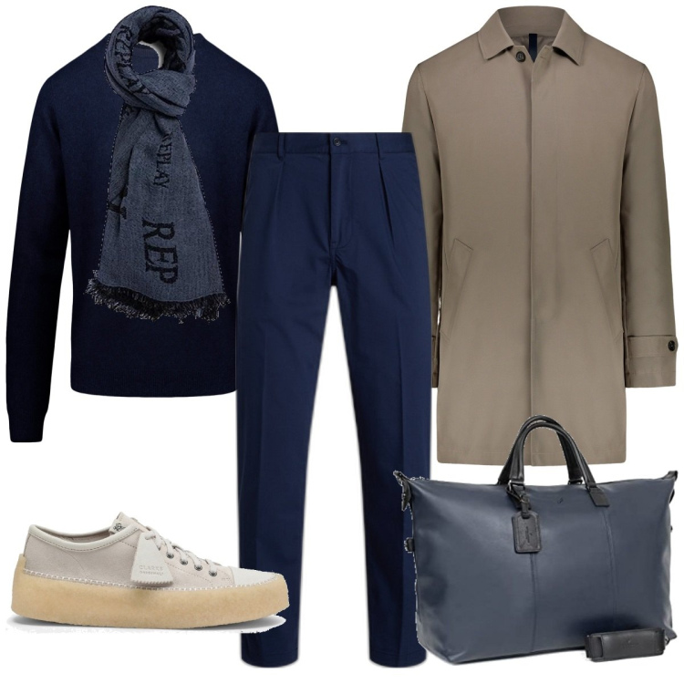 Outfit uomo - L\'impermeabile. Stile Business/Elegante per Ufficio. Abbinamento con pantaloni, maglieria, borse sportive, sciarpe, scarpe stringate, giacche.