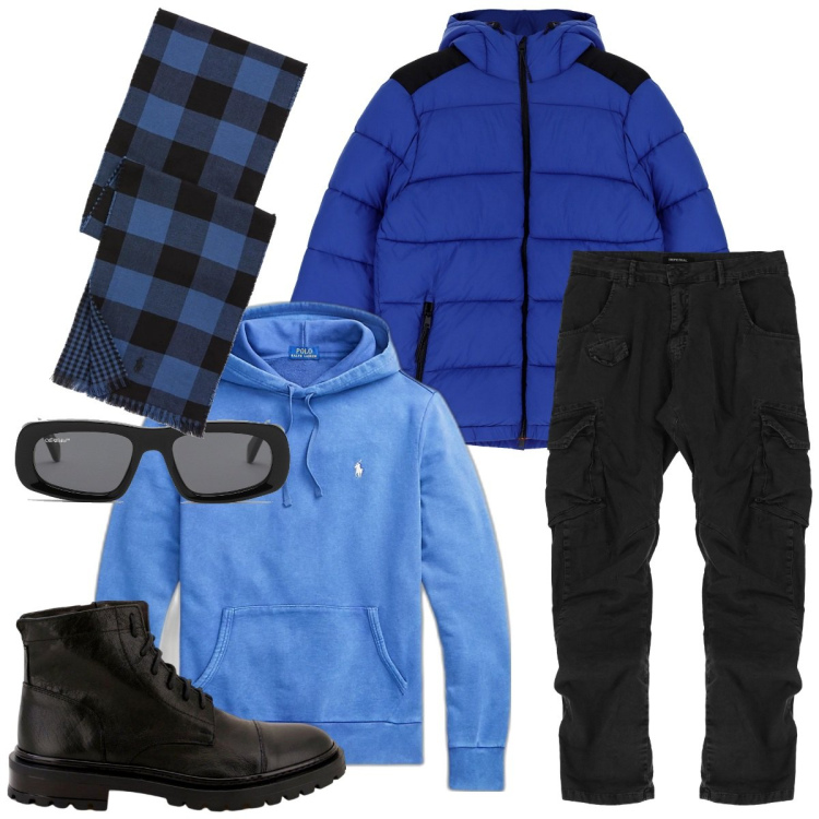 Outfit uomo - All\'aria aperta. Stile Casual per Tutti i giorni. Abbinamento con piumini, pantaloni, scarpe stringate, felpe con cappuccio, sciarpe, occhiali da sole.