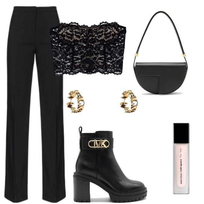 Outfit donna - Total look #1765441. Stile Trendy per Tutti i giorni. Abbinamento con profumi, pantaloni, top, stivaletti, borse a spalla, orecchini.