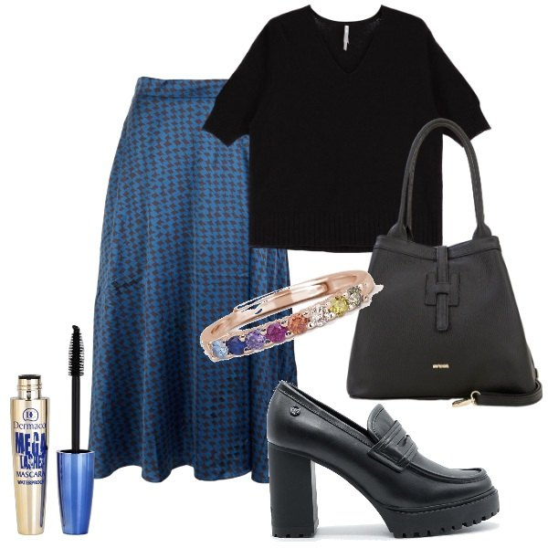 Outfit donna - Nero e blue notte. Stile Vintage retrò per Ufficio. Abbinamento con mascara, anelli, maglieria, borse a secchiello, décolleté, gonne.