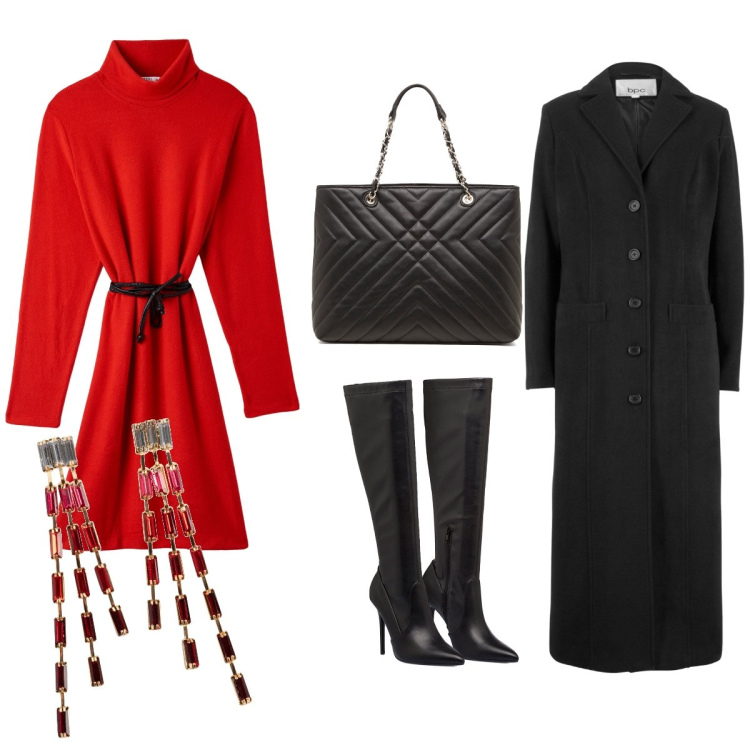 Outfit donna - Sexy thing. Stile Chic per Tutti i giorni. Abbinamento con cappotti, orecchini, vestiti, stivali sopra il ginocchio, borse a spalla.