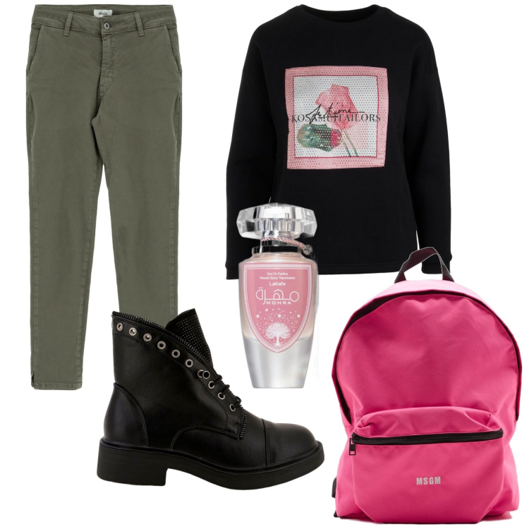 Outfit donna - Total look #1765460. Stile Urban per Scuola/Università. Abbinamento con profumi, stivaletti, jeans slim fit, zaini, felpe.