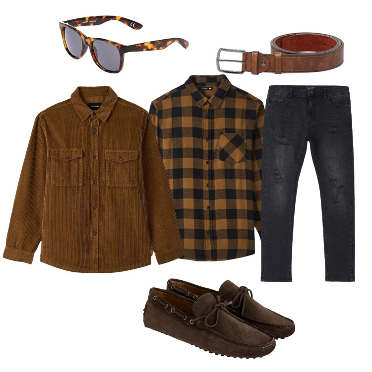 Outfit uomo - Total look #1765480. Stile Trendy per Tutti i giorni. Abbinamento con jeans strappati, cappotti, camicie, cinture, occhiali da sole, scarpe stringate.