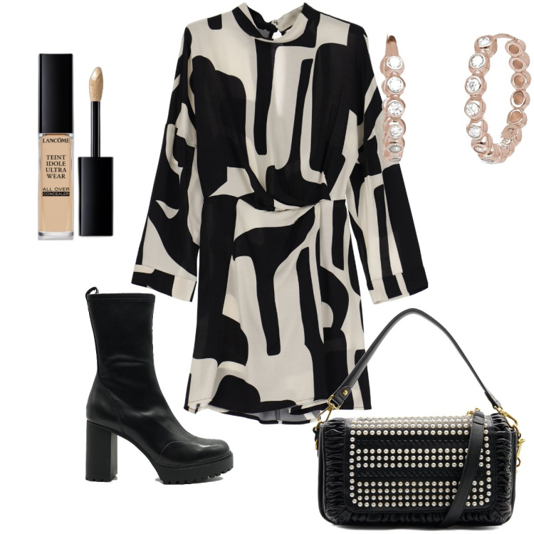 Outfit donna - L’abitino chic. Stile Casual chic per Serata fuori. Abbinamento con correttori, orecchini, vestiti corti, borse a spalla, stivaletti.