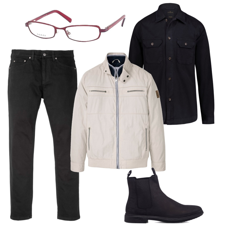 Outfit uomo - Nero e bianco. Stile Casual per Ufficio. Abbinamento con jeans slim fit, giacche, stivali e stivaletti, camicie, occhiali da sole.