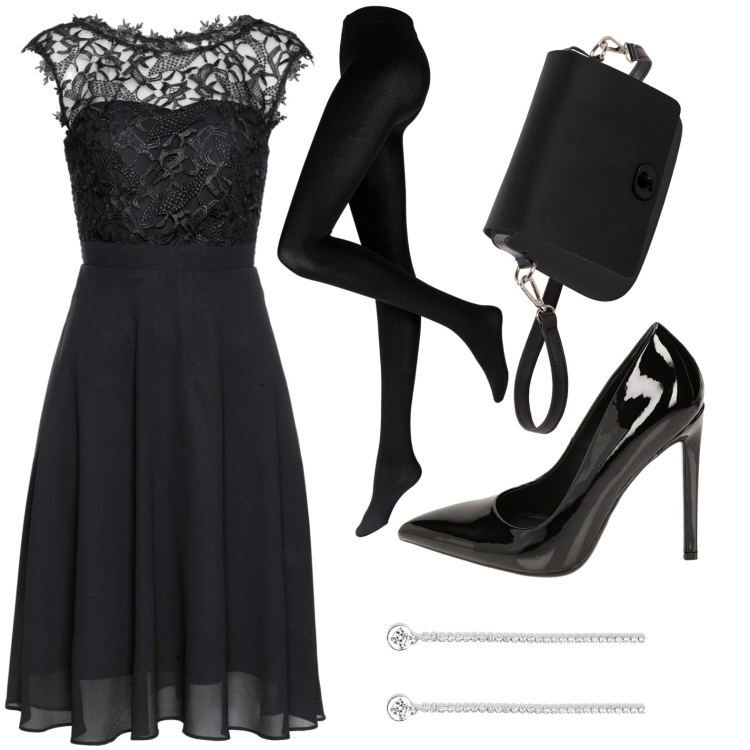 Outfit donna - Nero.... Stile Sexy per Serata fuori. Abbinamento con collant, vestiti, orecchini, décolleté, borse a spalla.