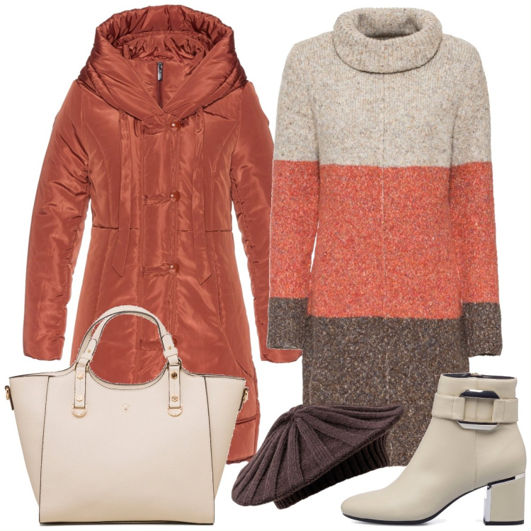 Outfit donna - In città. Stile Casual chic per Tutti i giorni. Abbinamento con vestiti, cappotti, stivaletti, borse a mano, cappelli e berretti.