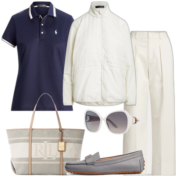 Outfit donna - Total look #1765552. Stile Casual per Tutti i giorni. look ideale per Tall. Abbinamento con mocassini, pantaloni, polo, occhiali da sole, borse tote, giacche.