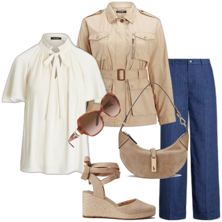 Outfit donna - Total look #1765563. Stile Casual chic per Tutti i giorni. Abbinamento con occhiali da sole, borse a spalla, camicie, cappotti, pantaloni, espadrillas.