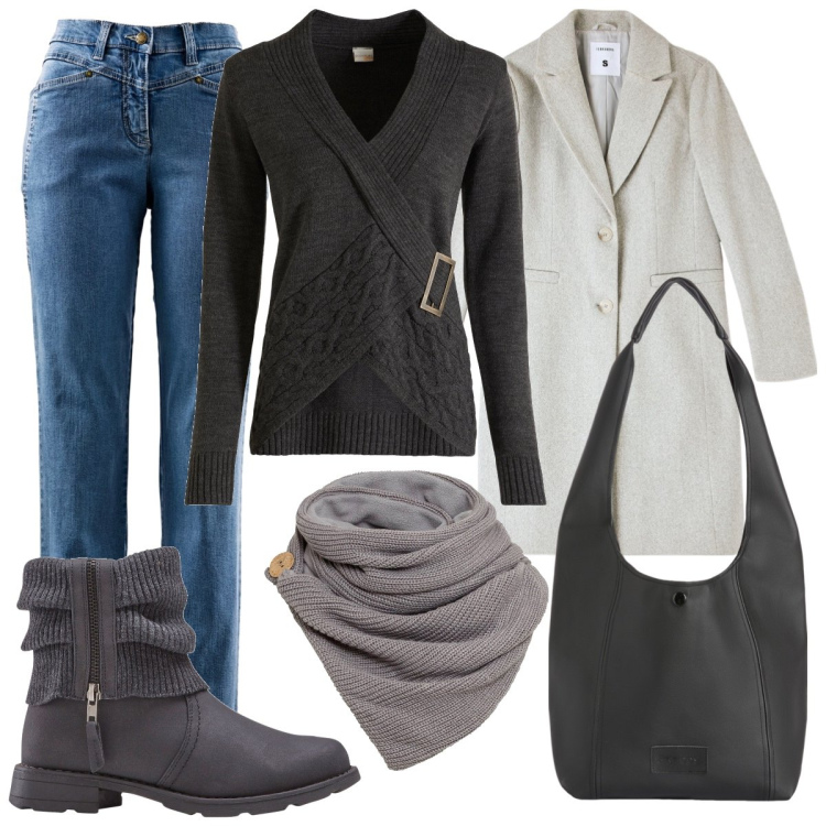 Outfit donna - Casual & gray. Stile Casual per Tutti i giorni. Abbinamento con stivaletti, foulard, pullovers, jeans dritti, cappotti, borse a spalla.