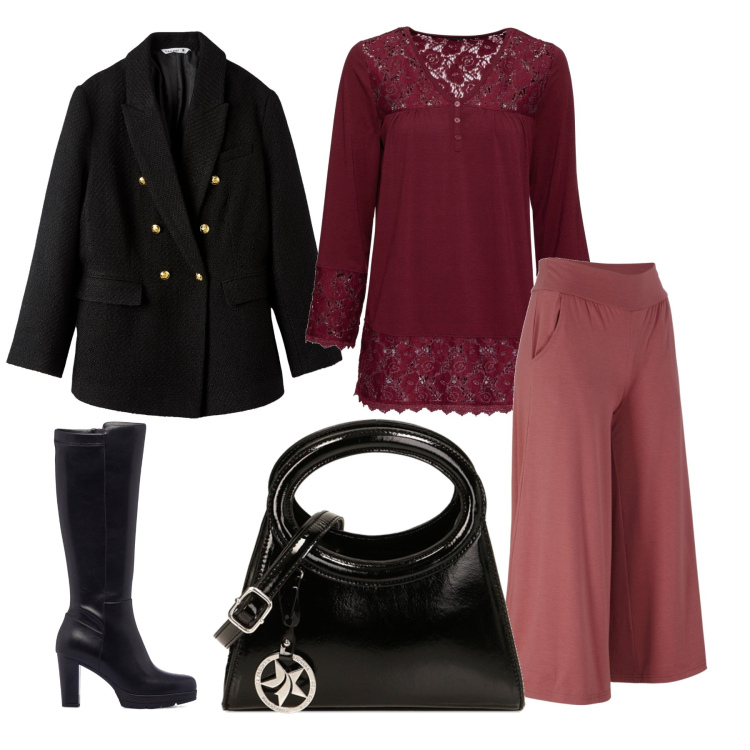 Outfit donna - Linee morbide. Stile Chic per Ufficio. Abbinamento con pantaloni culotte, maglieria, cappotti, borse a spalla, stivali.