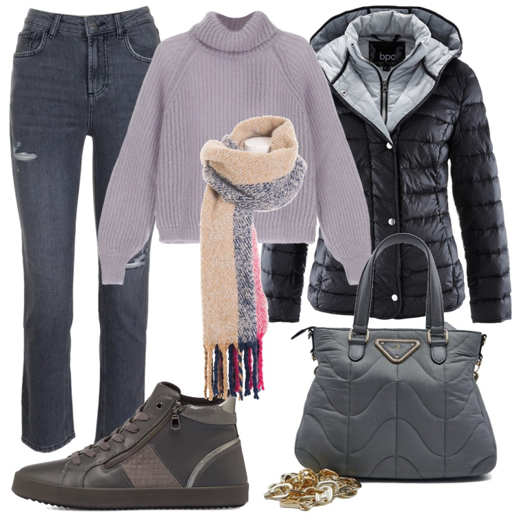 Outfit donna - City casual. Stile Casual per Tutti i giorni. Abbinamento con piumini, sciarpe, maglieria, sneakers alte, borse a spalla, jeans.