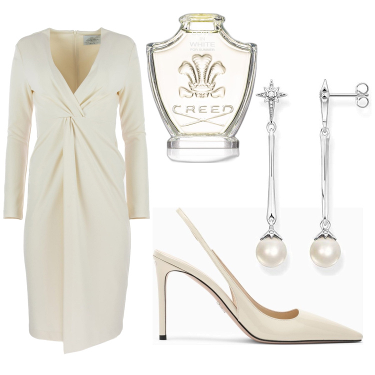 Outfit donna - Sposa d’autunno. Stile Glamour per Cerimonia. Abbinamento con profumi, vestiti midi/longuette, orecchini, décolleté.