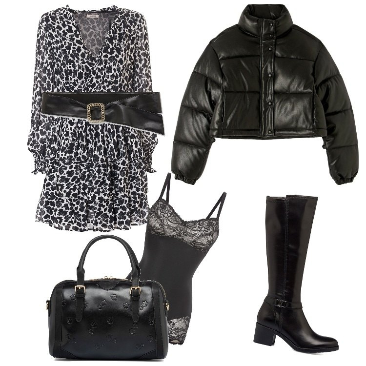 Outfit donna - PittaRosso Essentials- Novembre. Stile Rock per Serata fuori. Abbinamento con body, piumini, vestiti, cinture, stivali sopra il ginocchio, borse a mano.