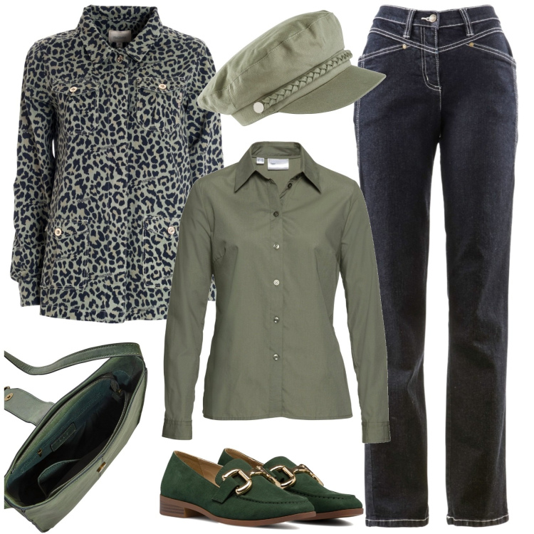 Outfit donna - Curvy, trendy in ufficio. Stile Trendy per Tutti i giorni. Abbinamento con cappelli, jeans dritti, borse a tracolla, camicie, giacche, mocassini.