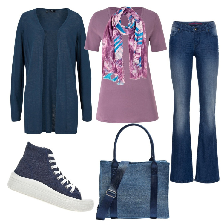 Outfit donna - La pashmina coordinata. Stile Casual per Tutti i giorni. Abbinamento con jeans bootcut, cardigans, t-shirt, shopping bag, sneakers alte, sciarpe.